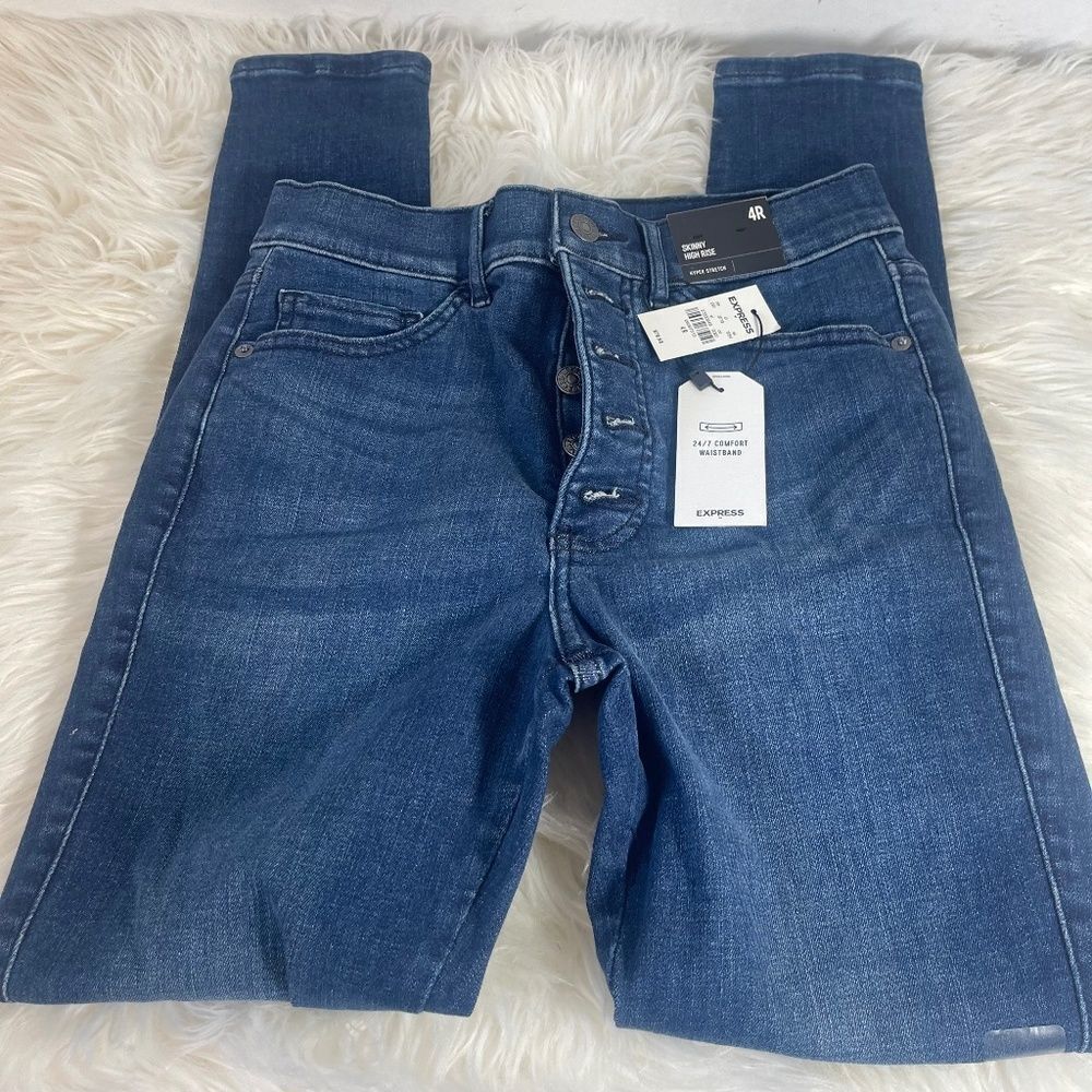 Express NWT Dark Wash High Rise Hyper Stretch Button Fly Jeans Sz 4
